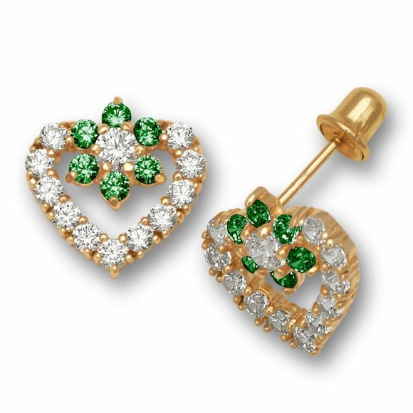 Solid 14K Yellow Gold Heart Shape Screw Back Earrings with Sparkling Birthstone - Picture 6 of 13